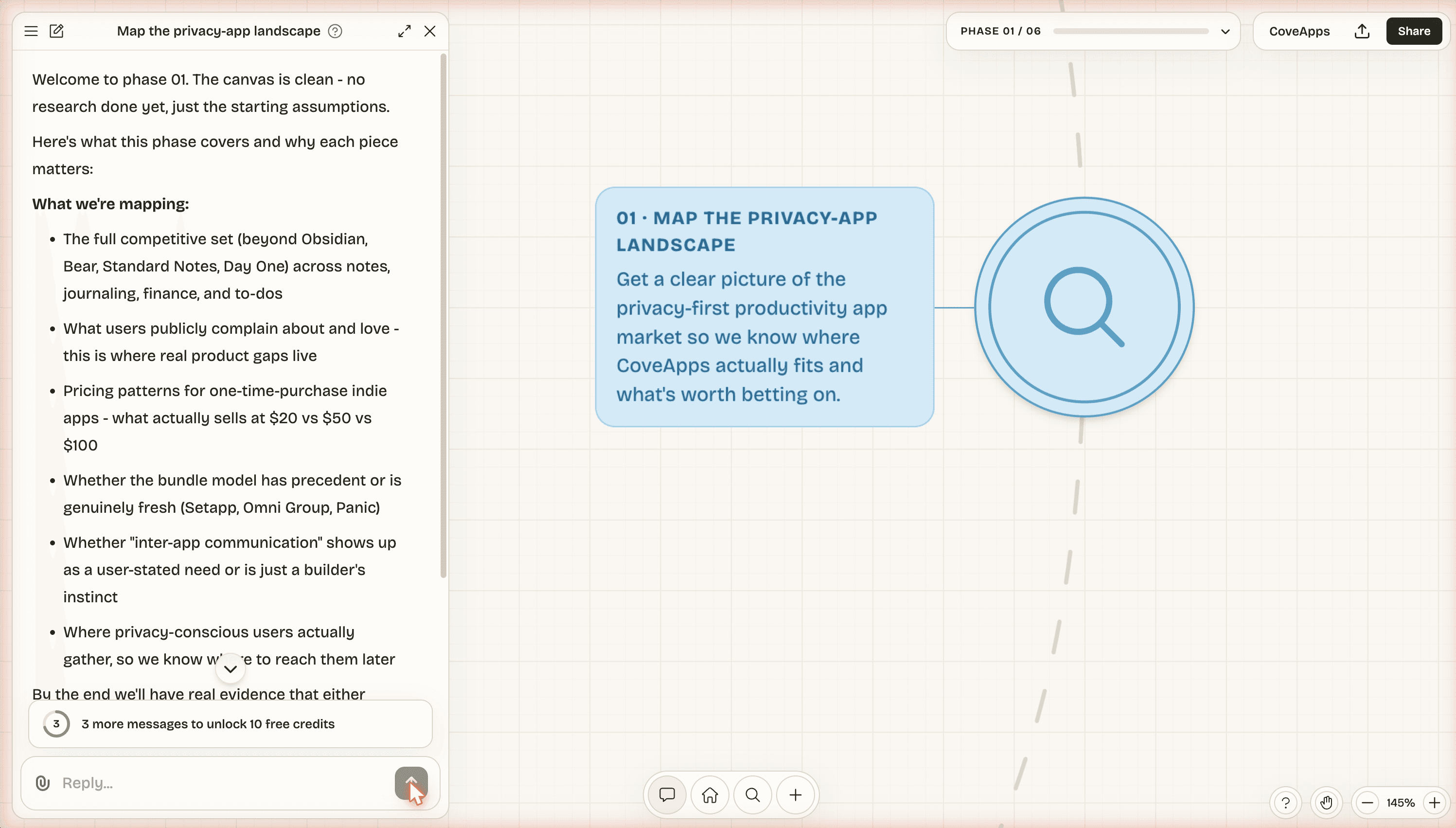 The two-pane layout: chat on the left, canvas on the right where your project actually takes shape.