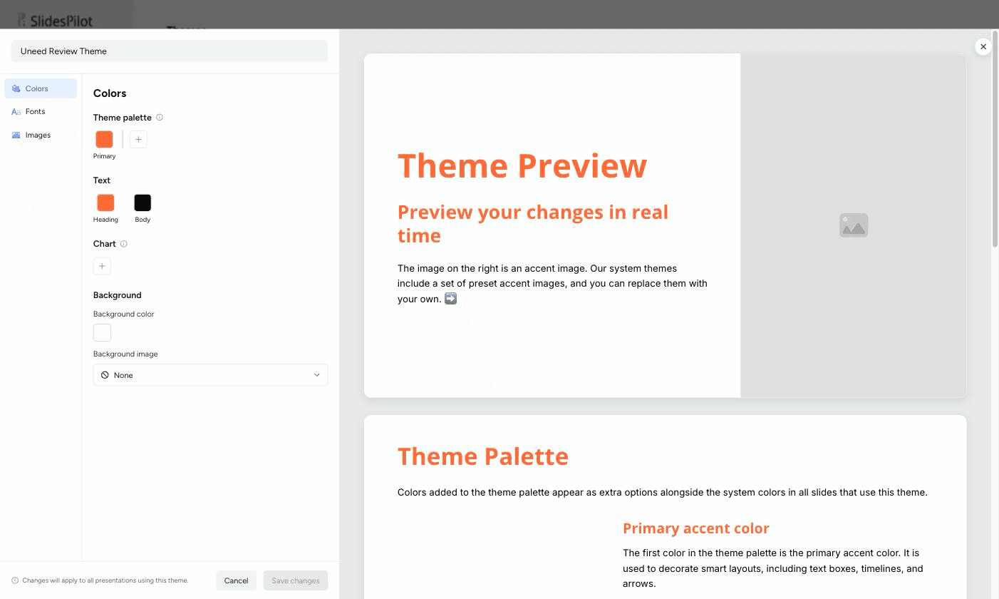 The theme builder: palette, text and background on the left, and a preview on the right that repaints as you change them.
