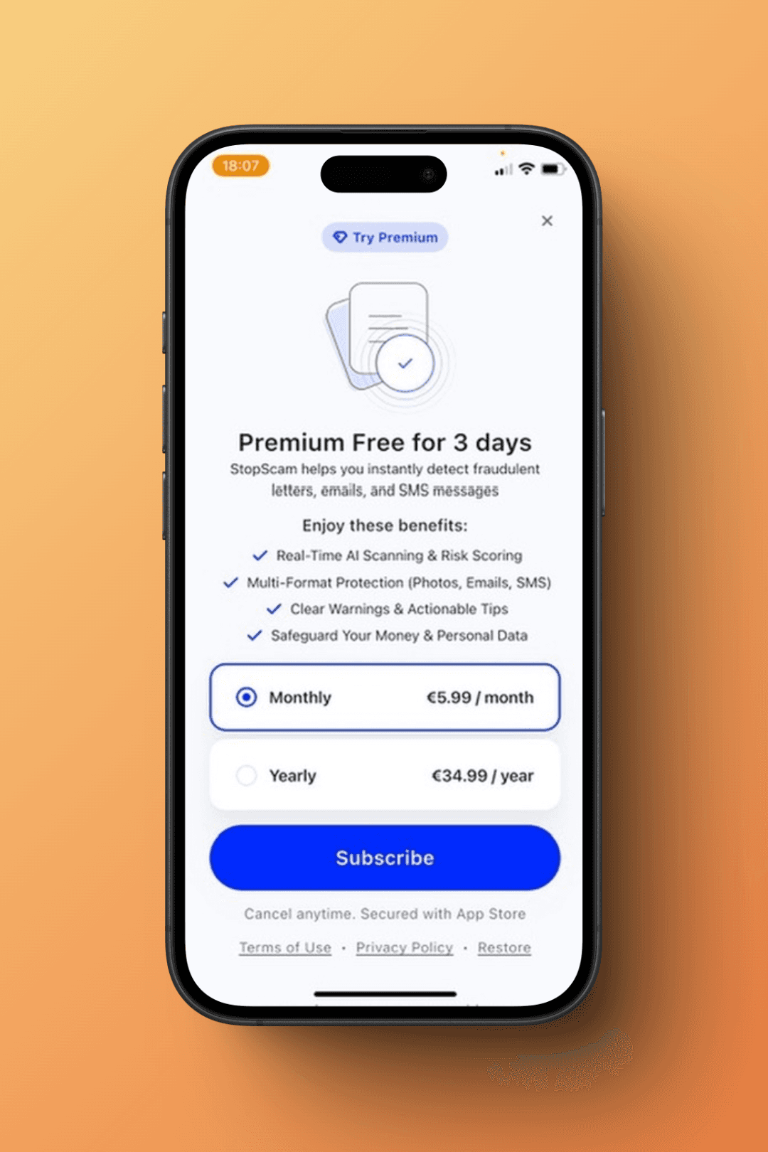 StopScam's straightforward premium subscription options