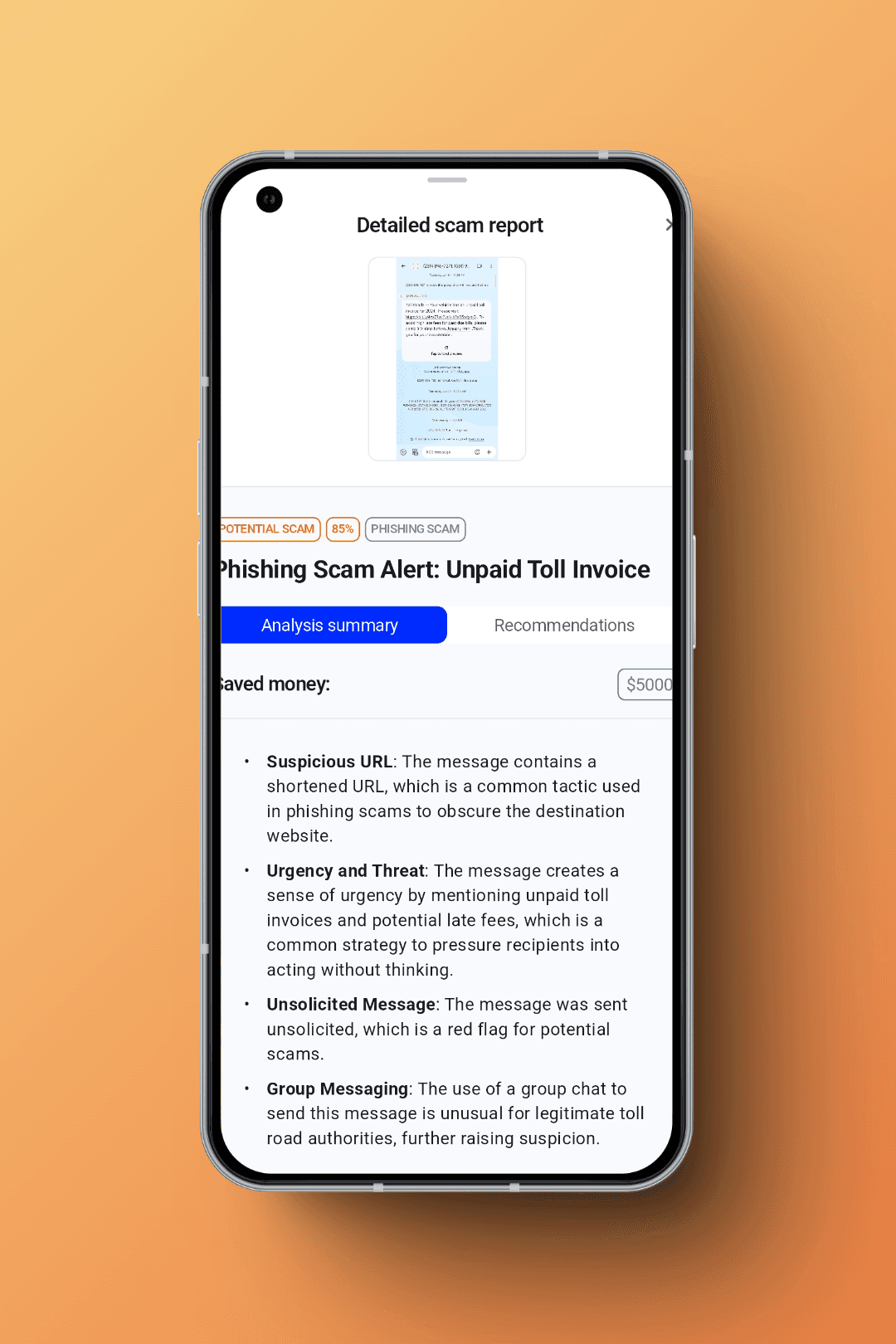 Testing StopScam with a typical phishing message